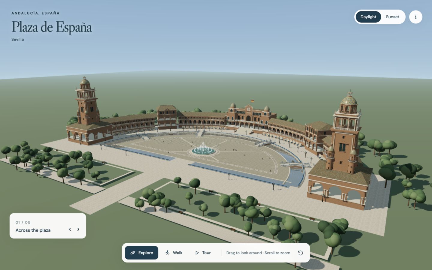 Sunlit Plaza de España with its curved brick arcade, canal, and ornate bridges.