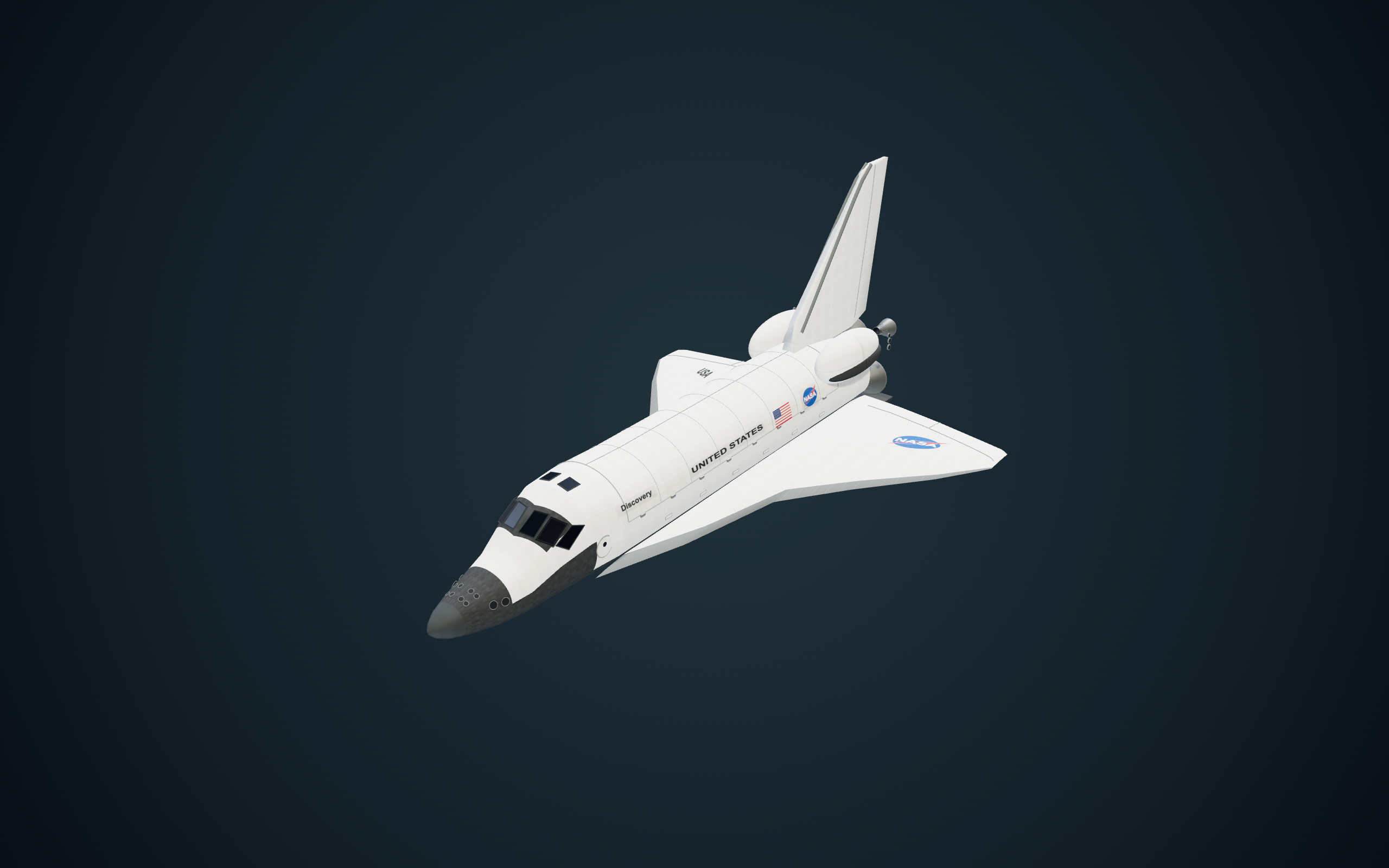 Three-quarter view of a white Space Shuttle orbiter with black thermal tiles and a closed payload bay against a dark background.